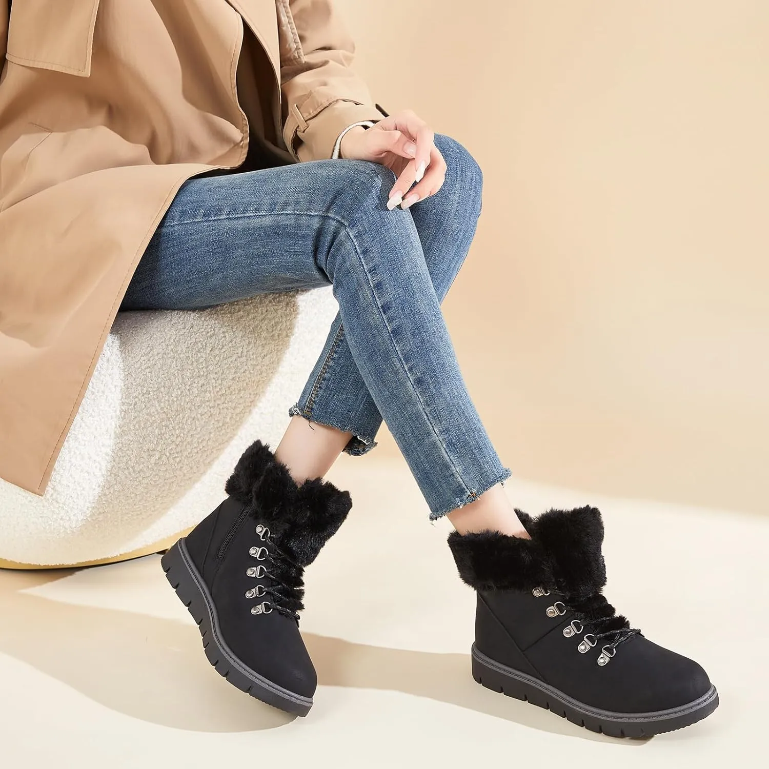hash bubbie Women's Winter Boots Ankle Booties for Women Warm Fuzzy Boots Lace up PU Leather Snow Boots with Zipper