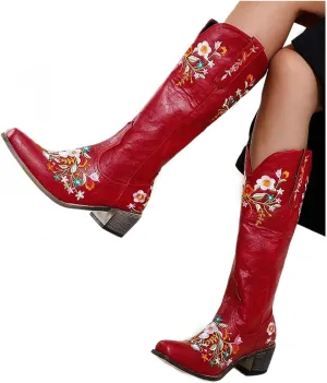 Hbeylia Cowboy Boots For Women Vintage Ethnic Western Cowgirls Boots Flower Embroidered Pointed Toe Chunky Heels Mid Calf Knight Riding Boots Boho Retro Winter Fall Dress Tall Boots For Ladies