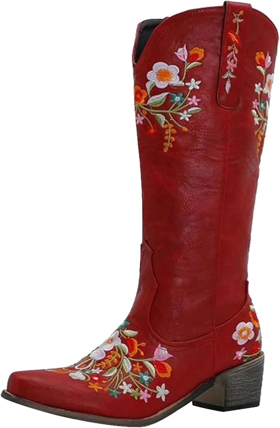 Hbeylia Cowboy Boots For Women Vintage Ethnic Western Cowgirls Boots Flower Embroidered Pointed Toe Chunky Heels Mid Calf Knight Riding Boots Boho Retro Winter Fall Dress Tall Boots For Ladies