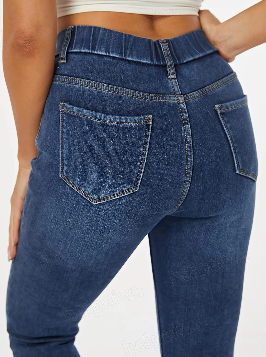 heipeiwa Women's Fleece Lined Winter Thermal Elastic Waist Jeans Stretch Warm Skinny Denim Pants