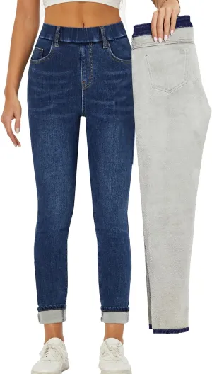 heipeiwa Women's Fleece Lined Winter Thermal Elastic Waist Jeans Stretch Warm Skinny Denim Pants