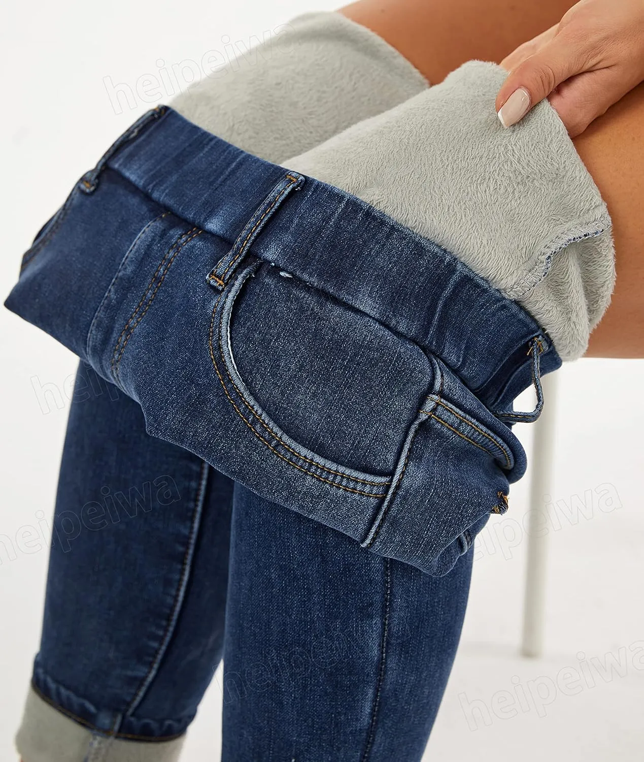 heipeiwa Women's Fleece Lined Winter Thermal Elastic Waist Jeans Stretch Warm Skinny Denim Pants