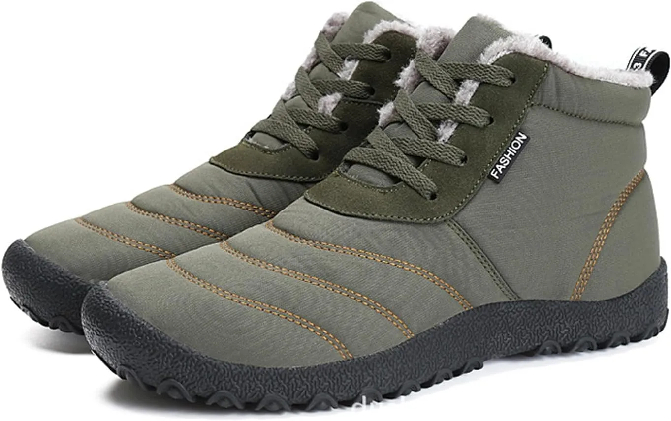 Helenbra Men's Winter Snow Boots,Hand Stitching Lace Up Outdoor Anti-Slip Waterproof Fur Lined Warm Sneakers Lightweight Flat Walking Shoe Casual Ankle Boots