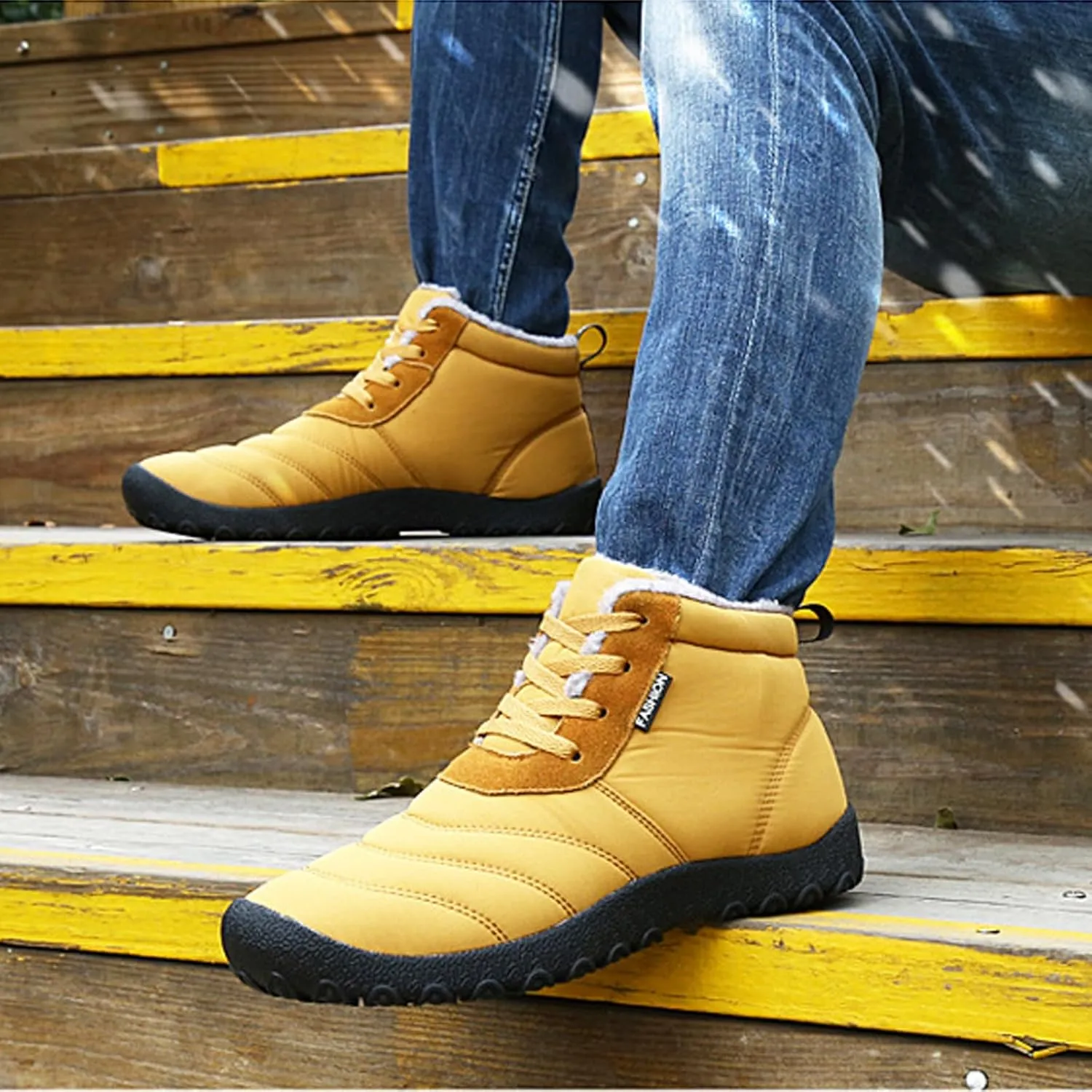 Helenbra Men's Winter Snow Boots,Hand Stitching Lace Up Outdoor Anti-Slip Waterproof Fur Lined Warm Sneakers Lightweight Flat Walking Shoe Casual Ankle Boots