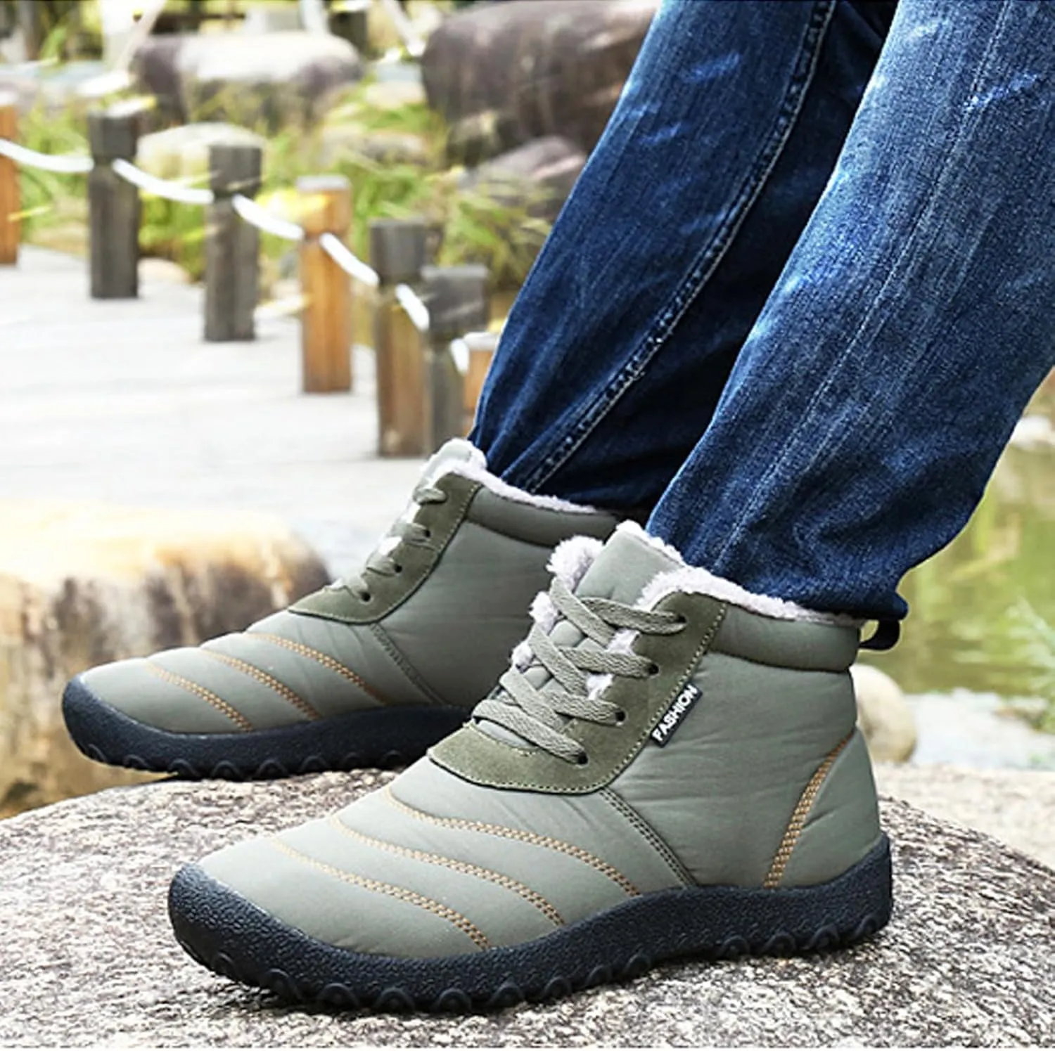 Helenbra Men's Winter Snow Boots,Hand Stitching Lace Up Outdoor Anti-Slip Waterproof Fur Lined Warm Sneakers Lightweight Flat Walking Shoe Casual Ankle Boots