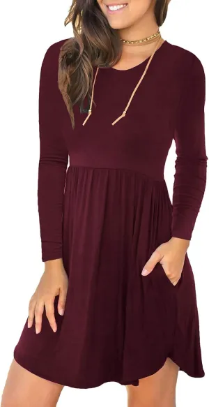HiMONE Womens Long Sleeve Dresses Casual T Shirt Swing Dress with Pockets