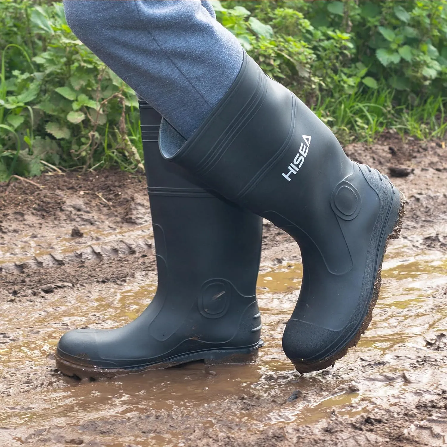 HISEA Men's Rain Boots Waterproof Rubber Boots with Steel Shank Seamless PVC Rainboots Outdoor Work Boots Durable Slip Resistant Fishing Gardening Knee Boot for Agriculture and Industrial Working