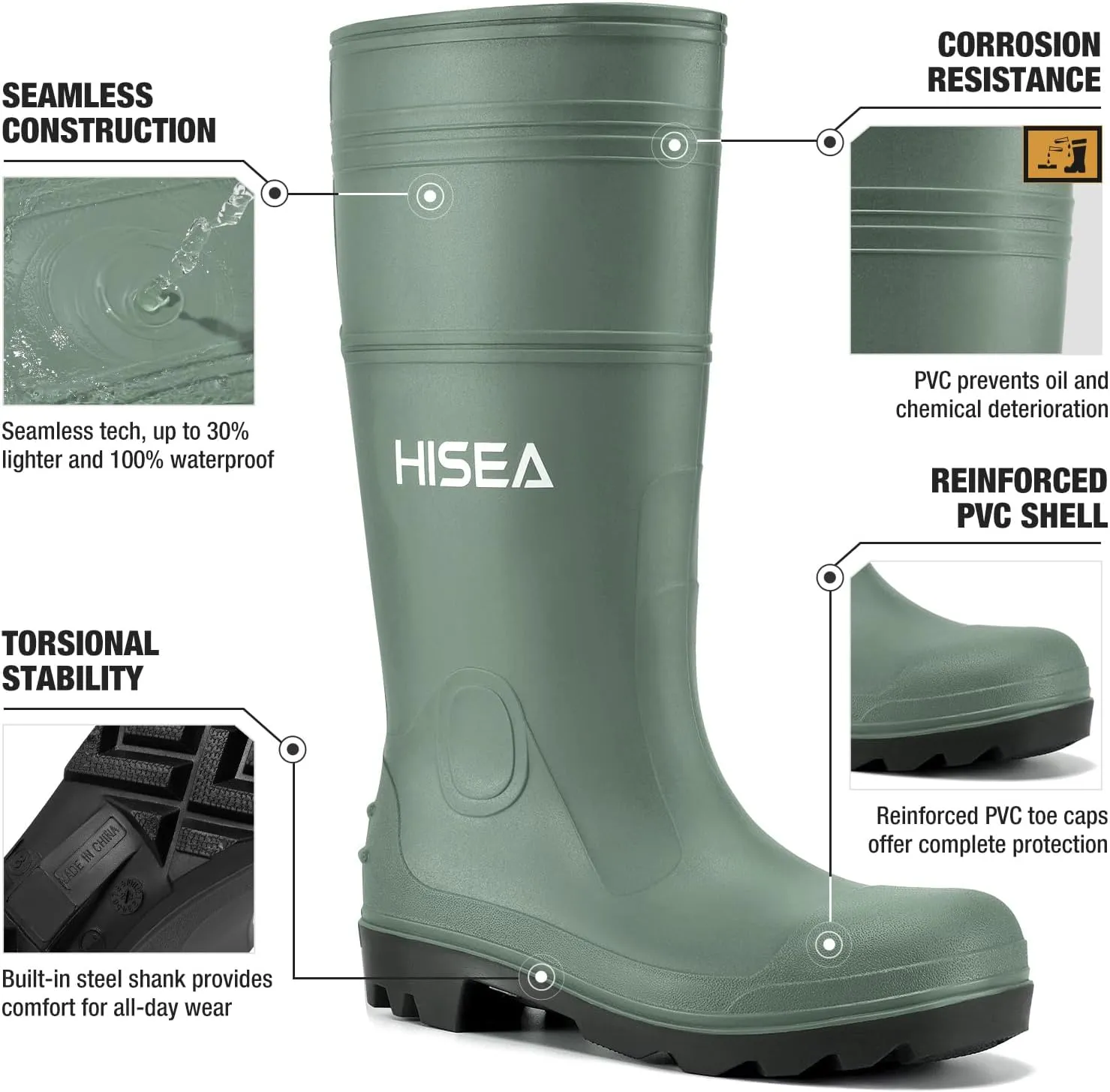 HISEA Men's Rain Boots Waterproof Rubber Boots with Steel Shank Seamless PVC Rainboots Outdoor Work Boots Durable Slip Resistant Fishing Gardening Knee Boot for Agriculture and Industrial Working