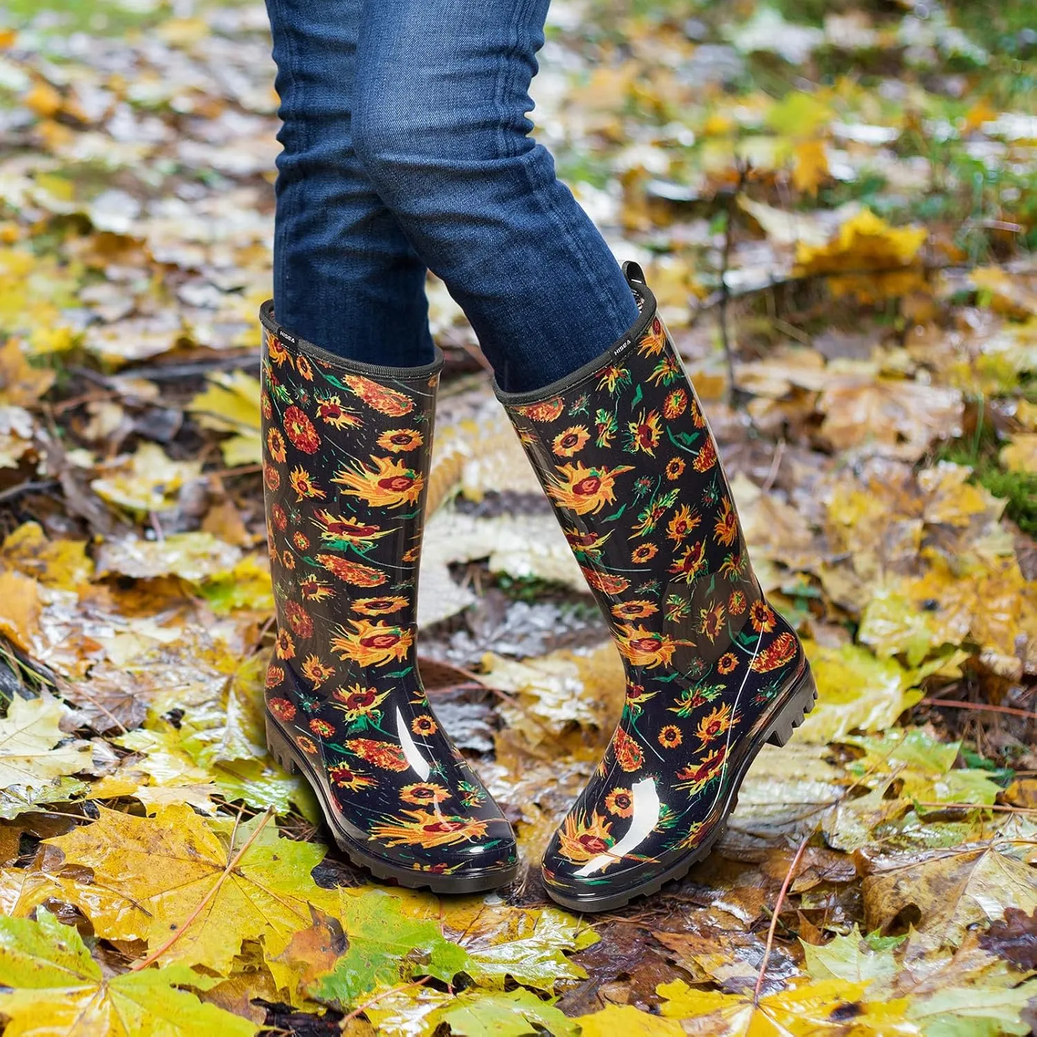 HISEA Women's Rain Boots Waterproof Garden Shoes Colorful Printed Knee High Rubber Boots Anti-Slipping Rainboots for Ladies with Comfort Insole Tall Wellington Rain Shoes