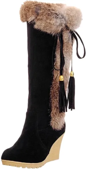 hlysgo Women's Winter Warm Outdoor Long Boots High Heels Fashion Wedge Bootie Faux Fur Comfortable Knee High Fuzzy Boot