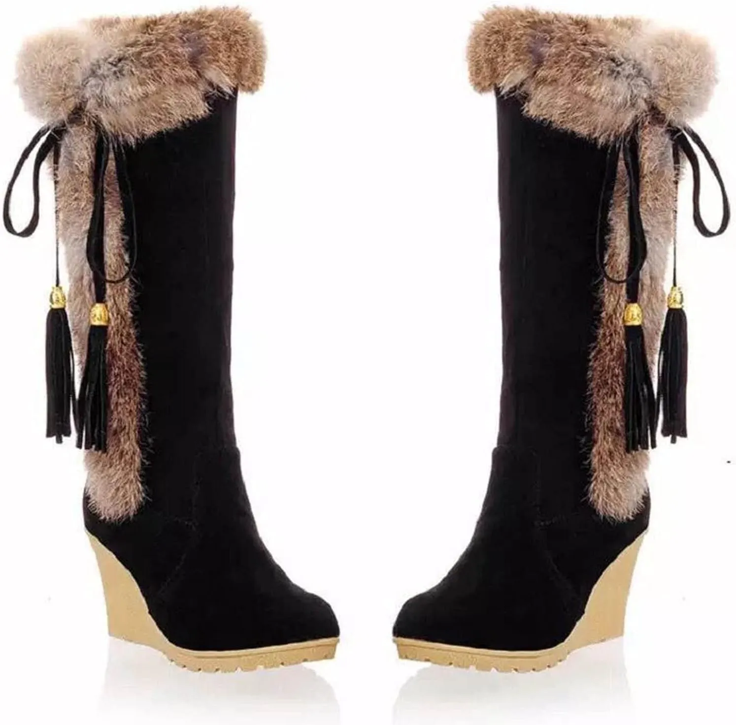 hlysgo Women's Winter Warm Outdoor Long Boots High Heels Fashion Wedge Bootie Faux Fur Comfortable Knee High Fuzzy Boot