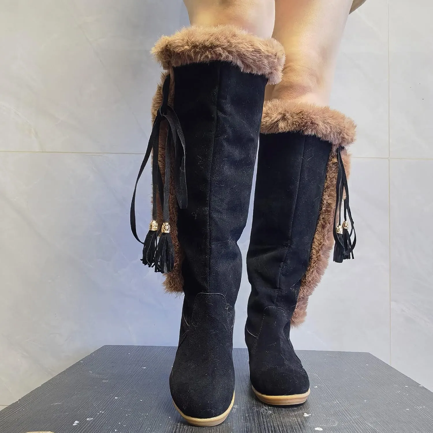 hlysgo Women's Winter Warm Outdoor Long Boots High Heels Fashion Wedge Bootie Faux Fur Comfortable Knee High Fuzzy Boot