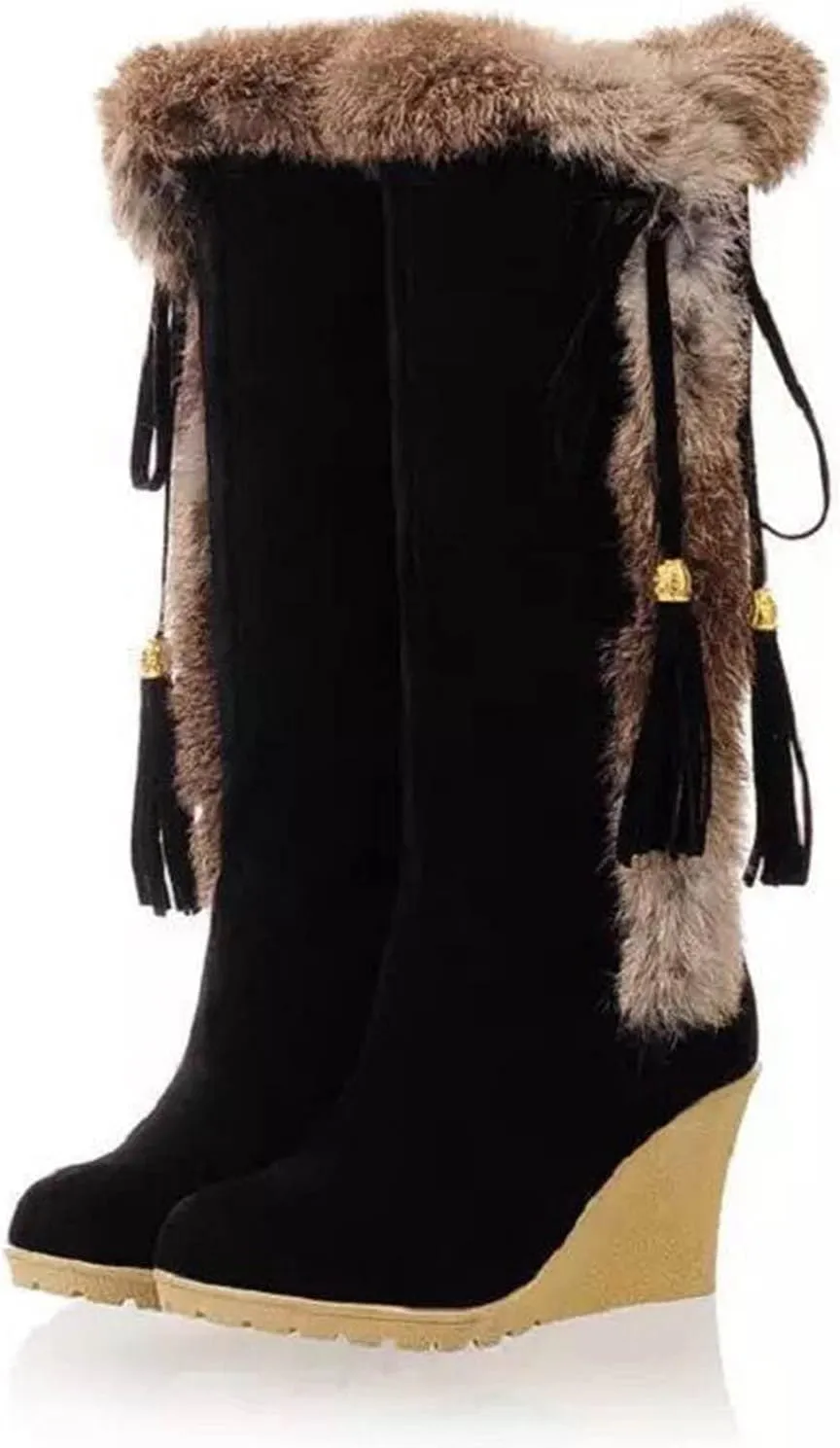 hlysgo Women's Winter Warm Outdoor Long Boots High Heels Fashion Wedge Bootie Faux Fur Comfortable Knee High Fuzzy Boot