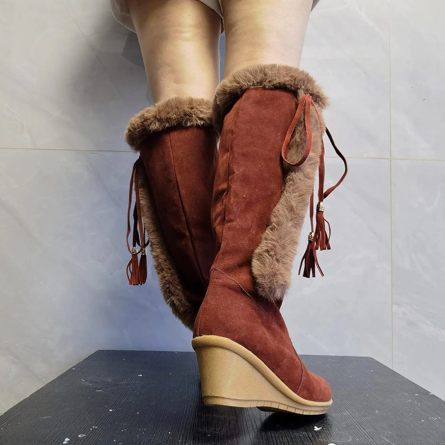 hlysgo Women's Winter Warm Outdoor Long Boots High Heels Fashion Wedge Bootie Faux Fur Comfortable Knee High Fuzzy Boot