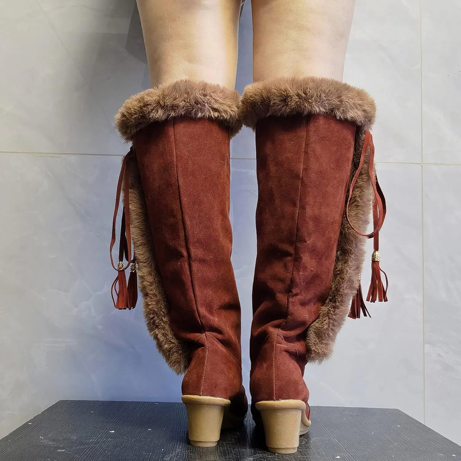 hlysgo Women's Winter Warm Outdoor Long Boots High Heels Fashion Wedge Bootie Faux Fur Comfortable Knee High Fuzzy Boot