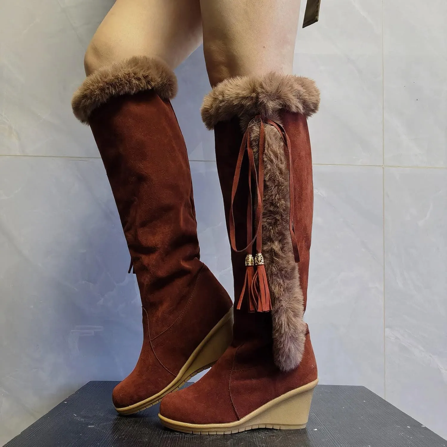 hlysgo Women's Winter Warm Outdoor Long Boots High Heels Fashion Wedge Bootie Faux Fur Comfortable Knee High Fuzzy Boot