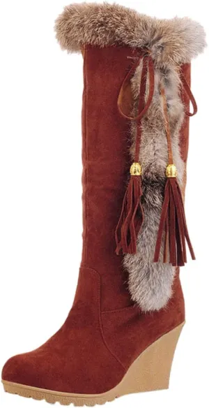 hlysgo Women's Winter Warm Outdoor Long Boots High Heels Fashion Wedge Bootie Faux Fur Comfortable Knee High Fuzzy Boot