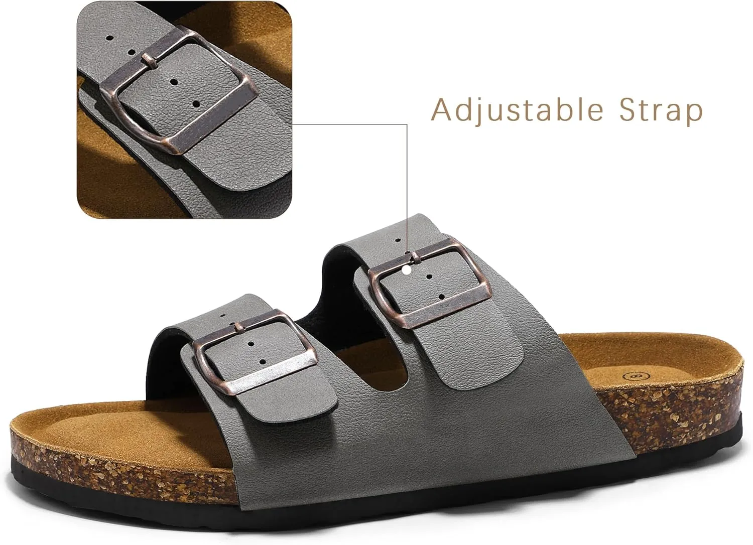 HOMETRUE Mens Sandals Cork Footed Flat Mens Slides Sandals Adjustable Buckle Straps Durable Sandals for Men