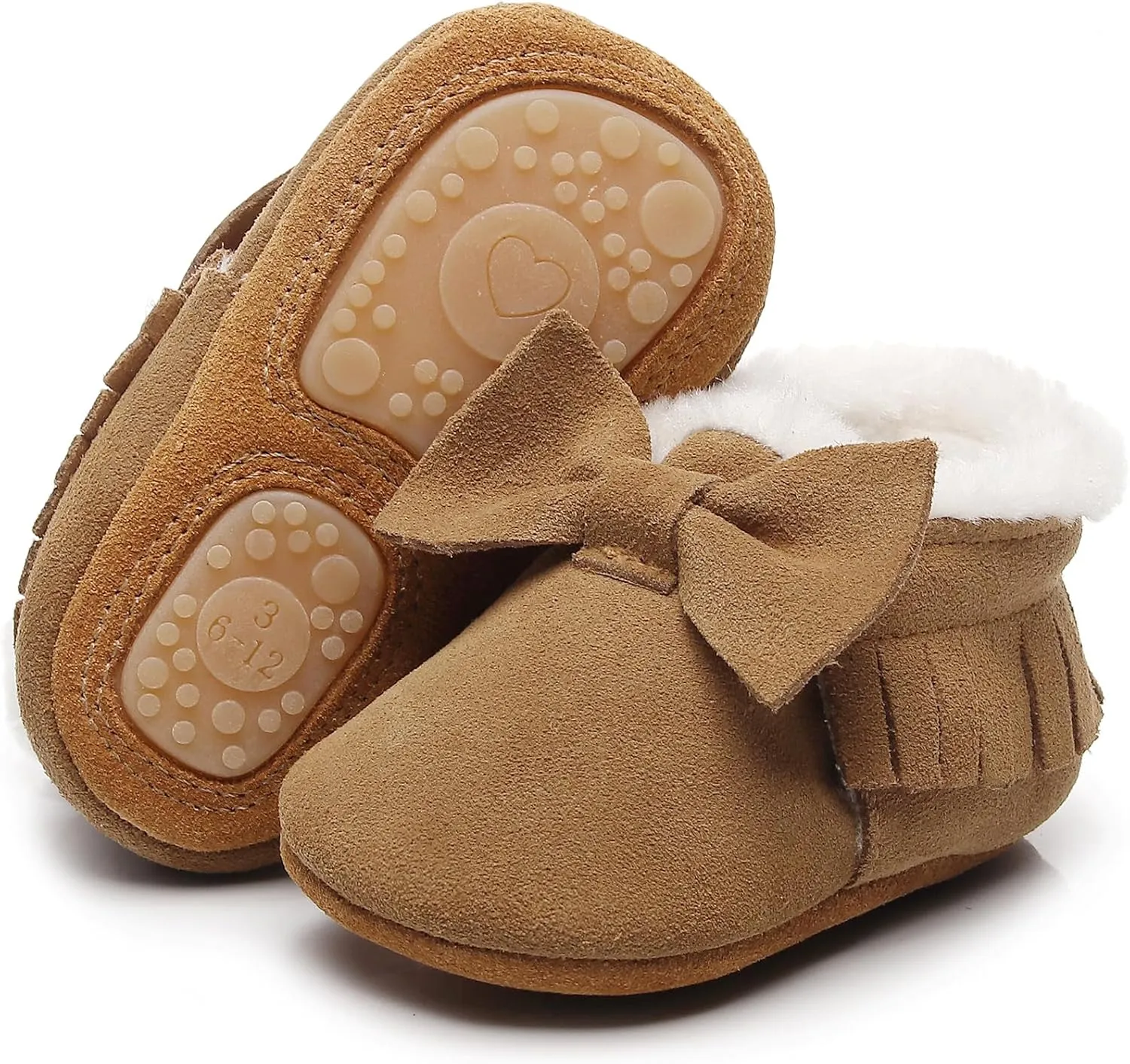 HONGTEYA Baby Moccasins with Fur Fleece Rubber Soles Warm Snow Boots Leather Baby Shoes for Boys Girls…