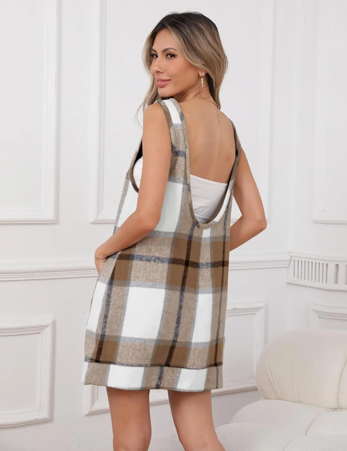 Hooever Plaid Overall Dress for Women Round Neck A Line Skirtall Jumper Mini Dress Pinafore with Pockets
