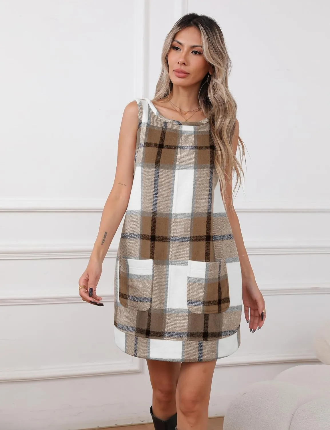 Hooever Plaid Overall Dress for Women Round Neck A Line Skirtall Jumper Mini Dress Pinafore with Pockets