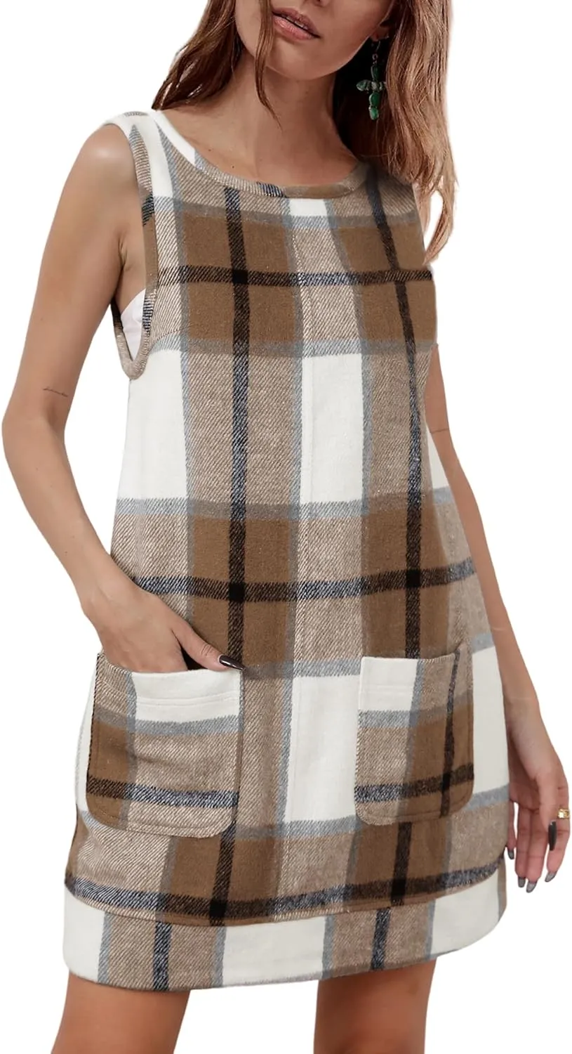 Hooever Plaid Overall Dress for Women Round Neck A Line Skirtall Jumper Mini Dress Pinafore with Pockets