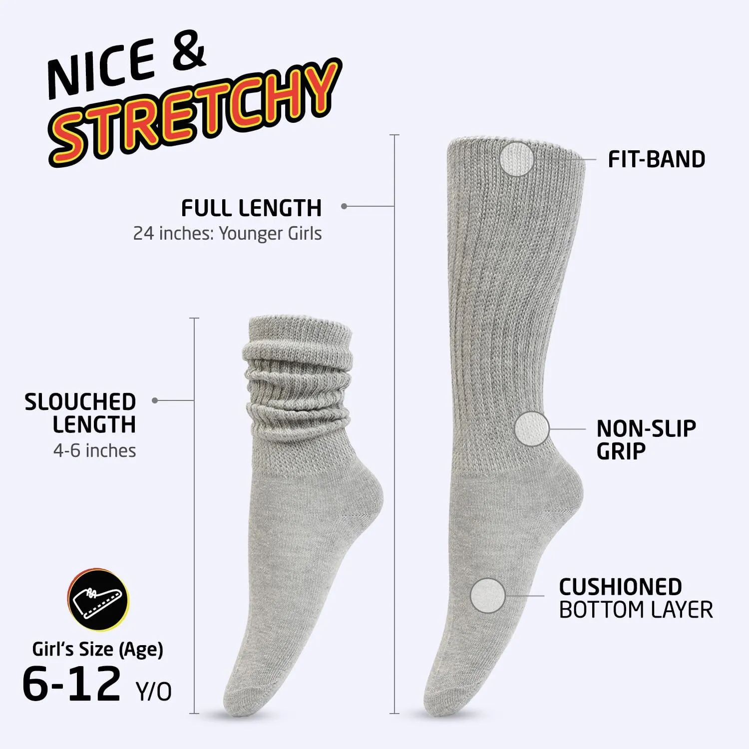 HOT FEET Girls Slouch Socks - 6 PK Tall Stacked Slouchy Socks, Warm Cotton Blend Long Calf Socks for Kids