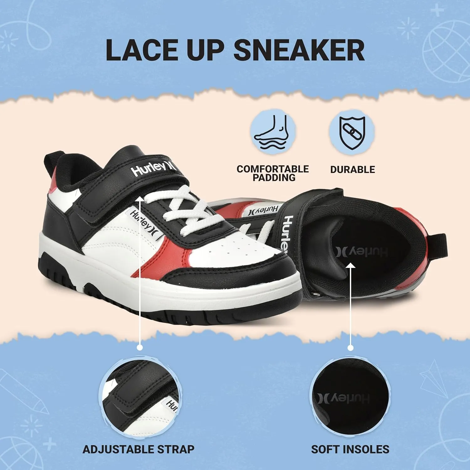 Hurley Kids Sneaker Rexx with Adjustable Strap, Perfect for Any Activity, All Comfort and Support - Boys and Girls