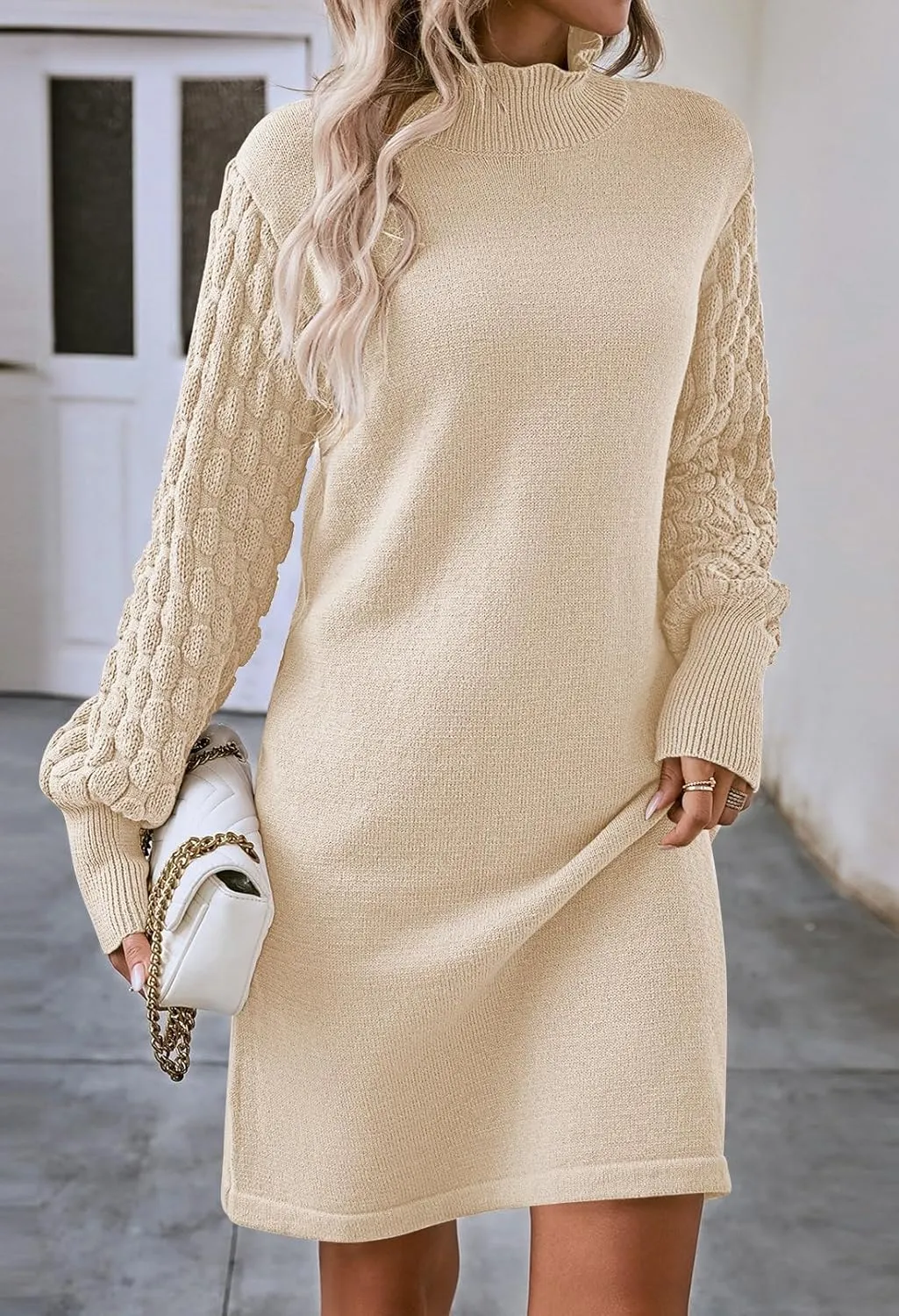 HUUSA Winter Dresses for Women 2024 Fall Puff Long Sleeve Sweaters Loose Mock Neck Outfits Sexy Mini Dress Going Out