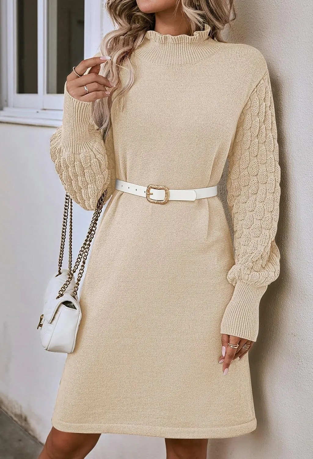 HUUSA Winter Dresses for Women 2024 Fall Puff Long Sleeve Sweaters Loose Mock Neck Outfits Sexy Mini Dress Going Out