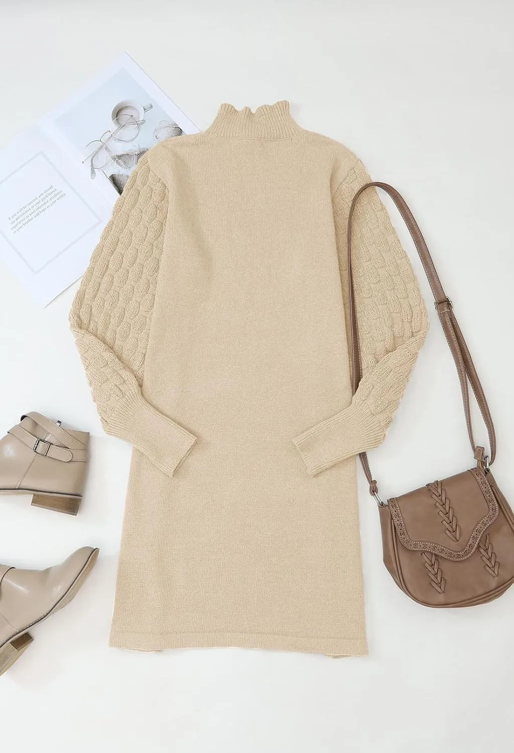 HUUSA Winter Dresses for Women 2024 Fall Puff Long Sleeve Sweaters Loose Mock Neck Outfits Sexy Mini Dress Going Out