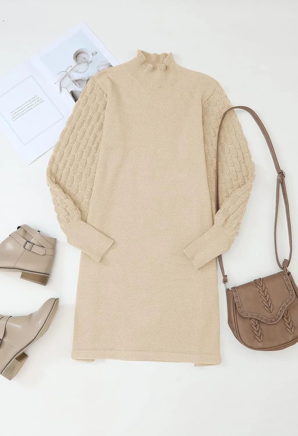 HUUSA Winter Dresses for Women 2024 Fall Puff Long Sleeve Sweaters Loose Mock Neck Outfits Sexy Mini Dress Going Out