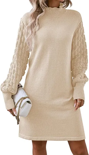 HUUSA Winter Dresses for Women 2024 Fall Puff Long Sleeve Sweaters Loose Mock Neck Outfits Sexy Mini Dress Going Out