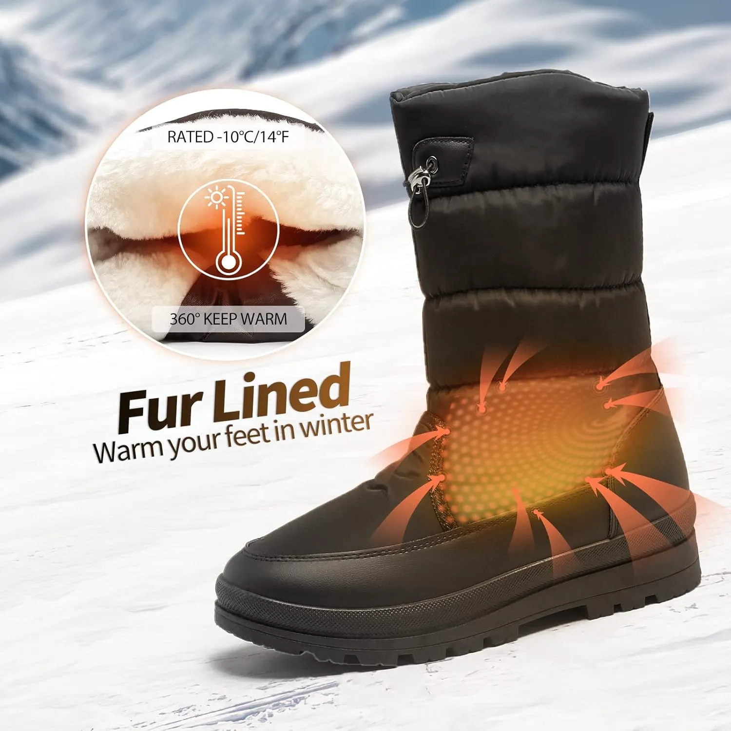 HYPOCRUTE Women's Warm Snow Boots with Fur Lined Black and White Wide Winter Boots Water-resistant Mid Calf Boots for Hiking,Working,Outdoors