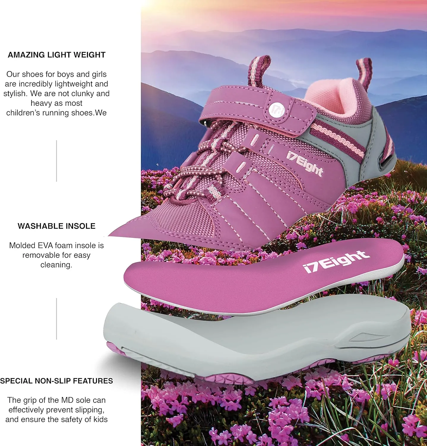 i78 Low Top Kids Boys Sports Hiking Shoes Breathable Synthetic Leather Sneakers Non-Slip Lightweight for Outdoor Running Trekking Trail Walking