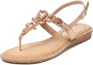 iCKER Women Rhinestone Sandals T-Strap Buckle Bohemian Pearl Crystal Flat Sandals