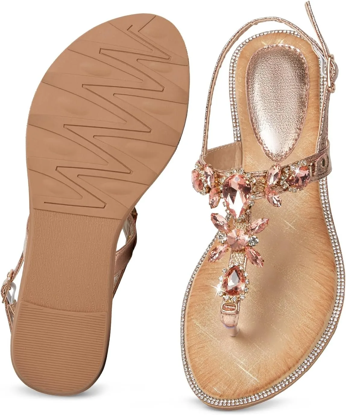 iCKER Women Rhinestone Sandals T-Strap Buckle Bohemian Pearl Crystal Flat Sandals
