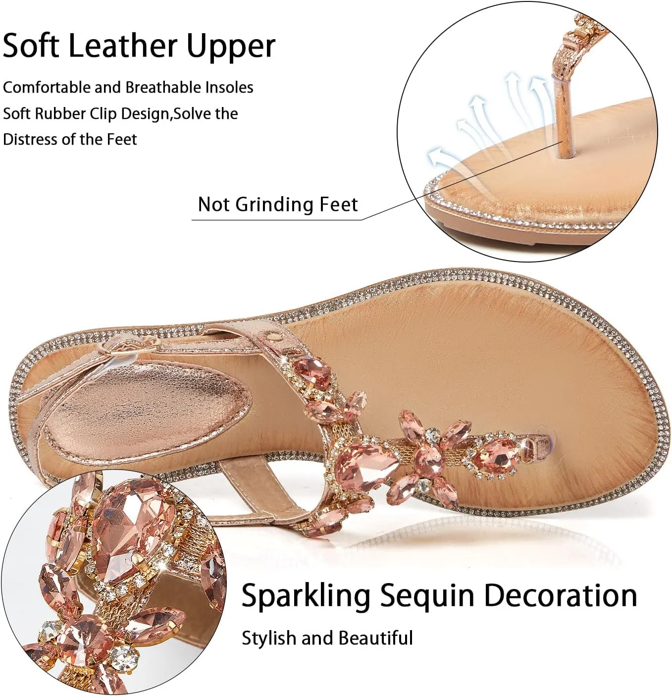 iCKER Women Rhinestone Sandals T-Strap Buckle Bohemian Pearl Crystal Flat Sandals