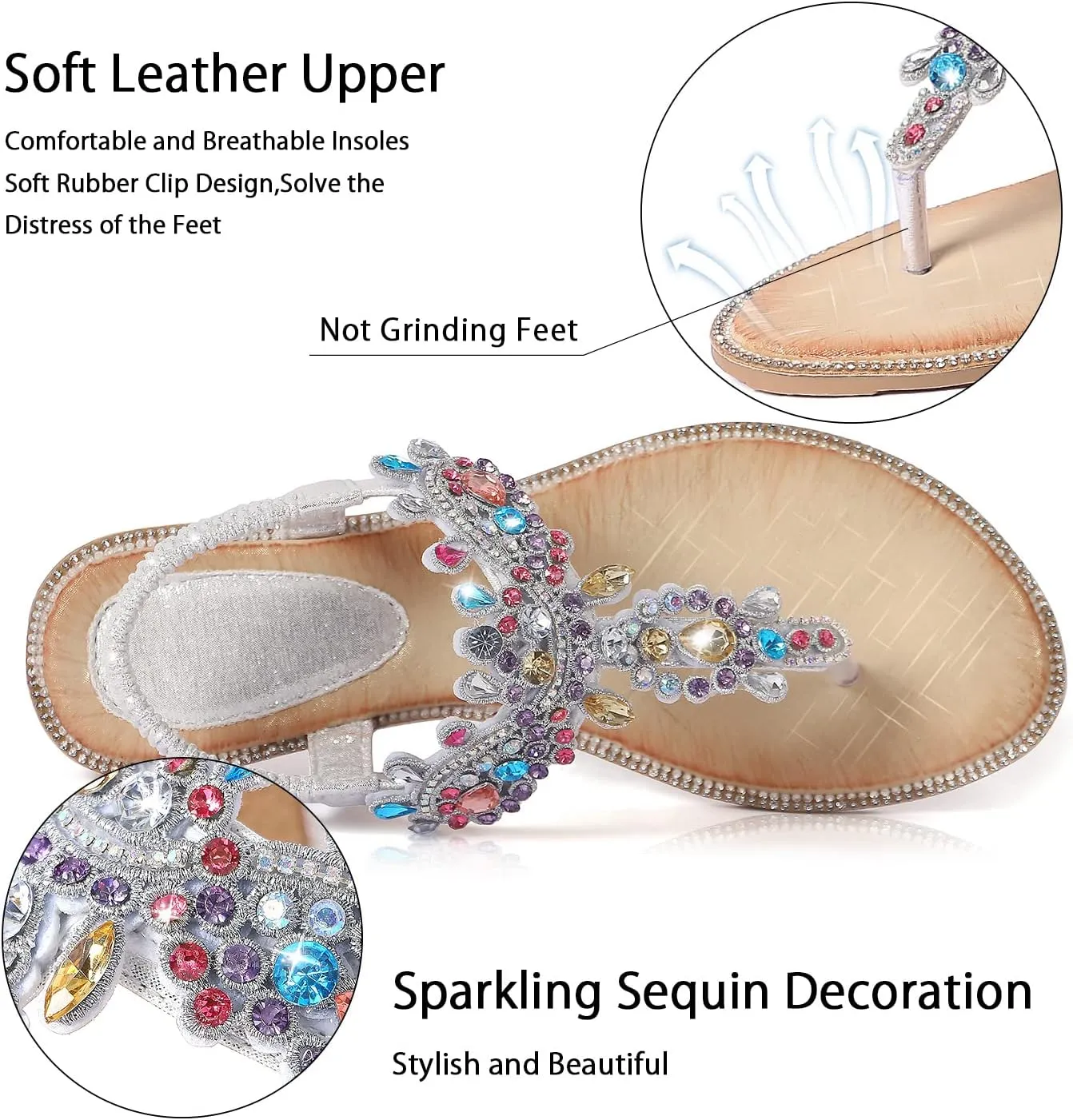 iCKER Women Rhinestone Sandals T-Strap Buckle Bohemian Pearl Crystal Flat Sandals
