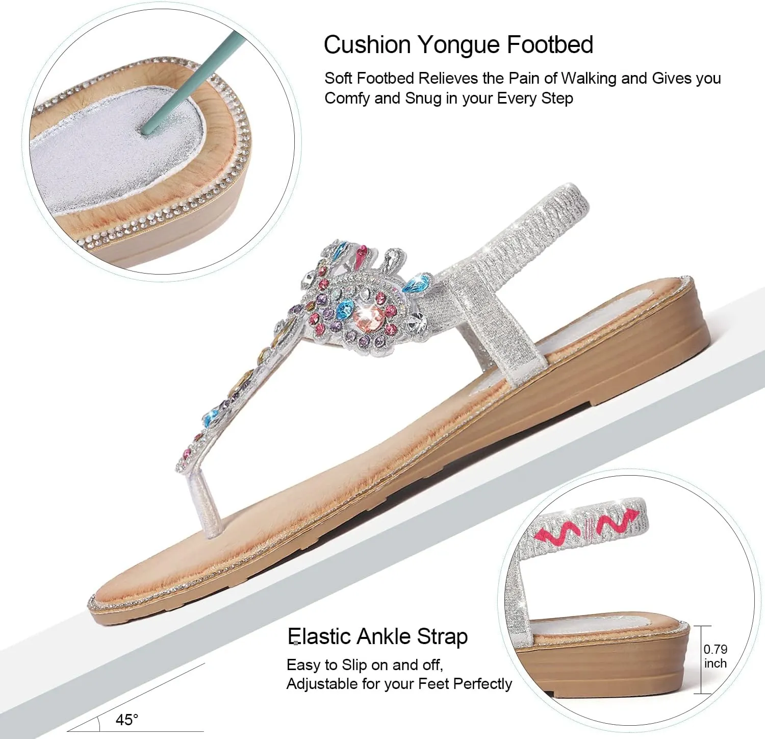 iCKER Women Rhinestone Sandals T-Strap Buckle Bohemian Pearl Crystal Flat Sandals