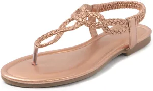 iCKER Women Rhinestone Sandals T-Strap Buckle Bohemian Pearl Crystal Flat Sandals