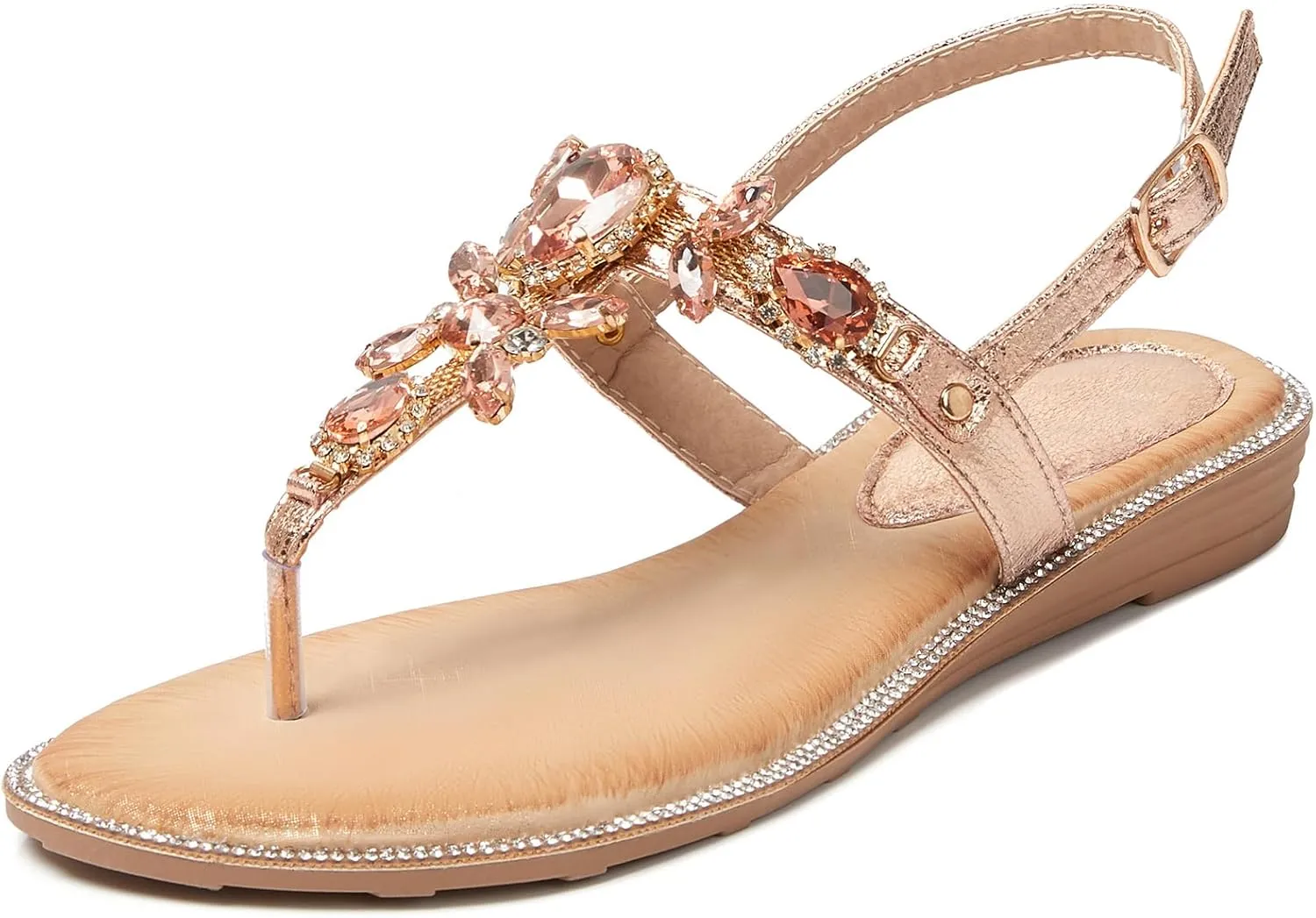 iCKER Women Rhinestone Sandals T-Strap Buckle Bohemian Pearl Crystal Flat Sandals