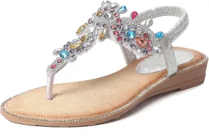 iCKER Women Rhinestone Sandals T-Strap Buckle Bohemian Pearl Crystal Flat Sandals