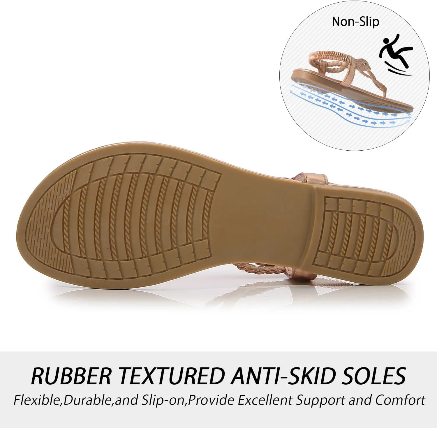 iCKER Women Rhinestone Sandals T-Strap Buckle Bohemian Pearl Crystal Flat Sandals