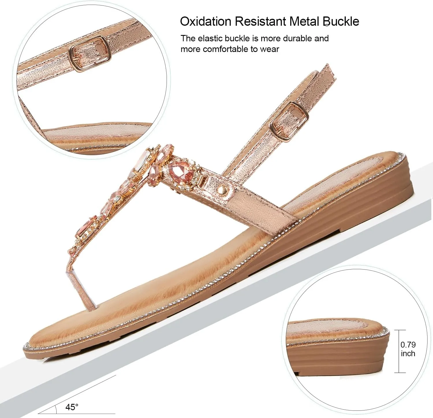 iCKER Women Rhinestone Sandals T-Strap Buckle Bohemian Pearl Crystal Flat Sandals