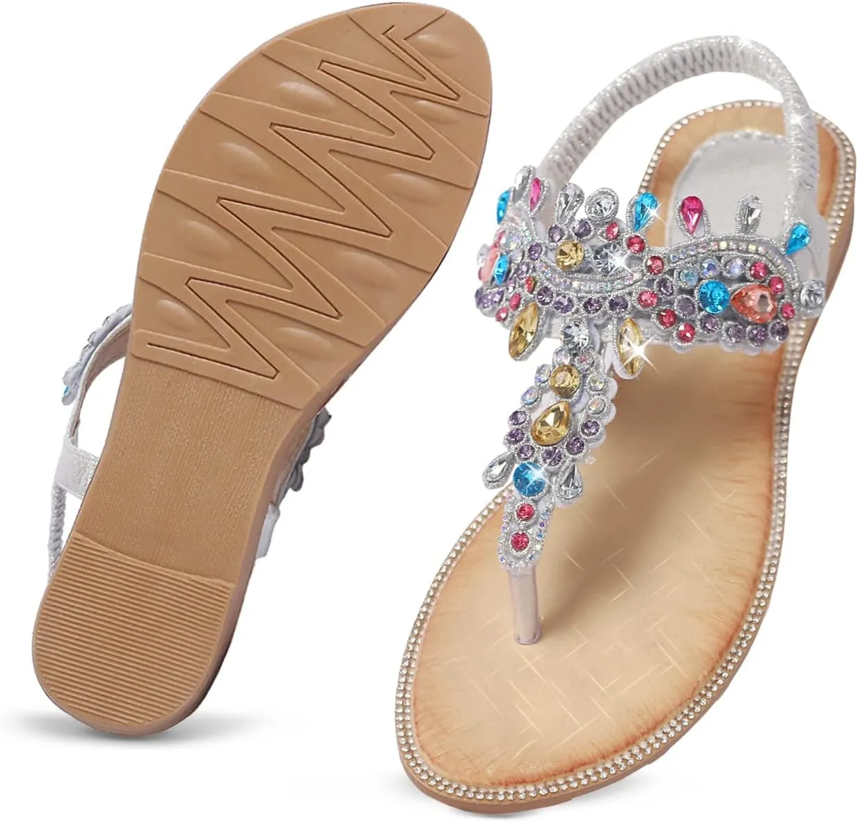 iCKER Women Rhinestone Sandals T-Strap Buckle Bohemian Pearl Crystal Flat Sandals