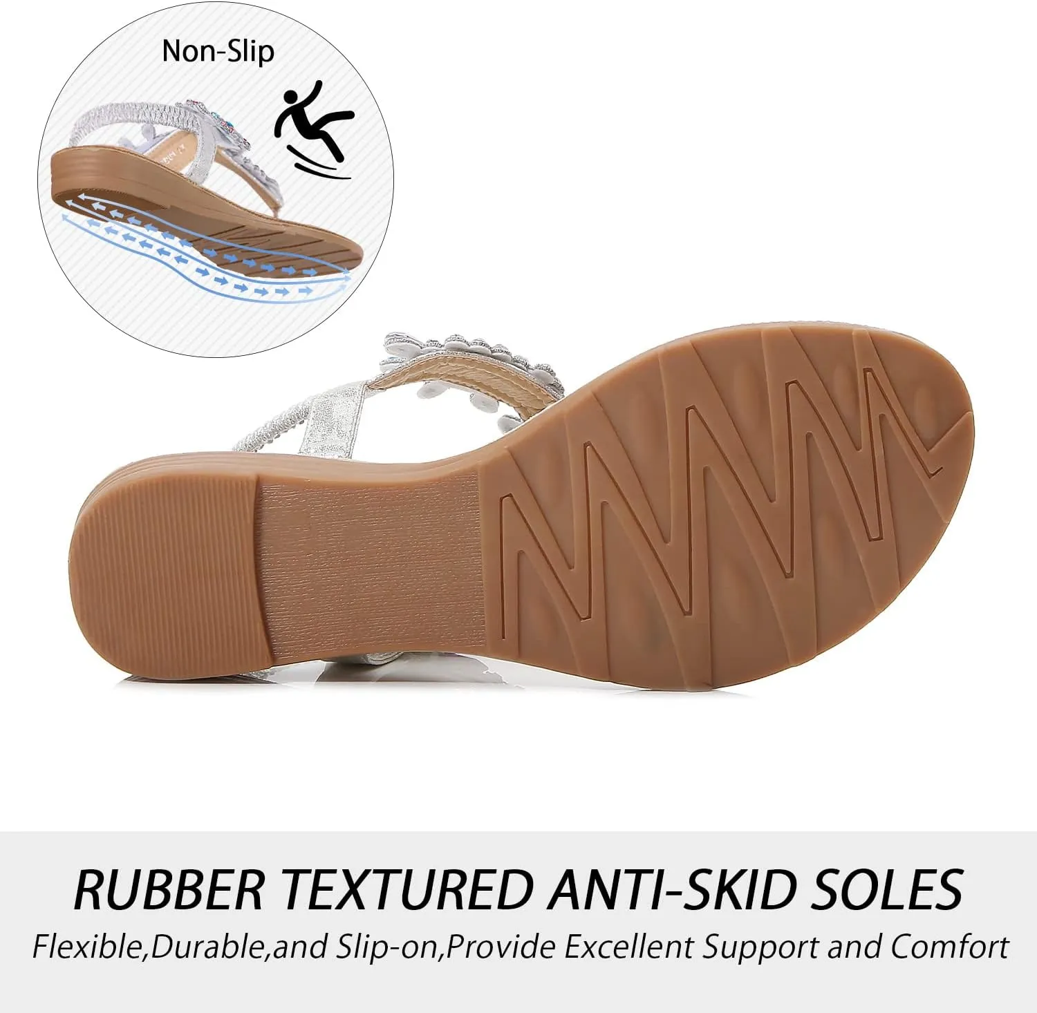 iCKER Women Rhinestone Sandals T-Strap Buckle Bohemian Pearl Crystal Flat Sandals