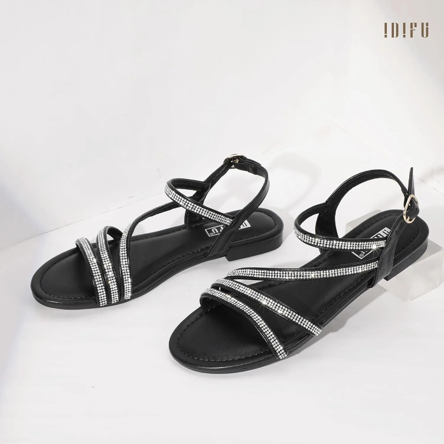 IDIFU Rhinestone Strappy Sandals for Women Dressy Summer Glitter Flat Sandals with Back Strap Open Toe Slingback Ankle Strap Sandals Wedding Bridal Prom Sparkly Bling Comfortable Cute Dress Sandals