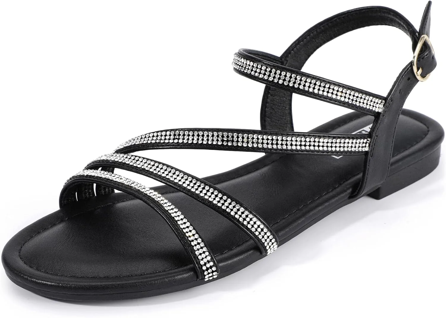 IDIFU Rhinestone Strappy Sandals for Women Dressy Summer Glitter Flat Sandals with Back Strap Open Toe Slingback Ankle Strap Sandals Wedding Bridal Prom Sparkly Bling Comfortable Cute Dress Sandals