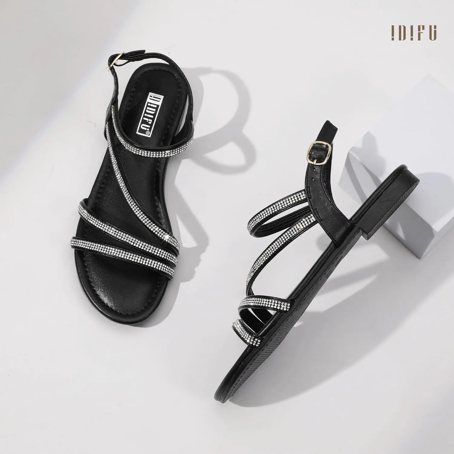 IDIFU Rhinestone Strappy Sandals for Women Dressy Summer Glitter Flat Sandals with Back Strap Open Toe Slingback Ankle Strap Sandals Wedding Bridal Prom Sparkly Bling Comfortable Cute Dress Sandals